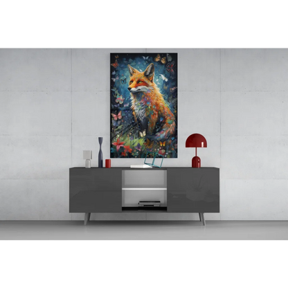 Vibrant red fox glass wall art portrait with butterflies and flowers