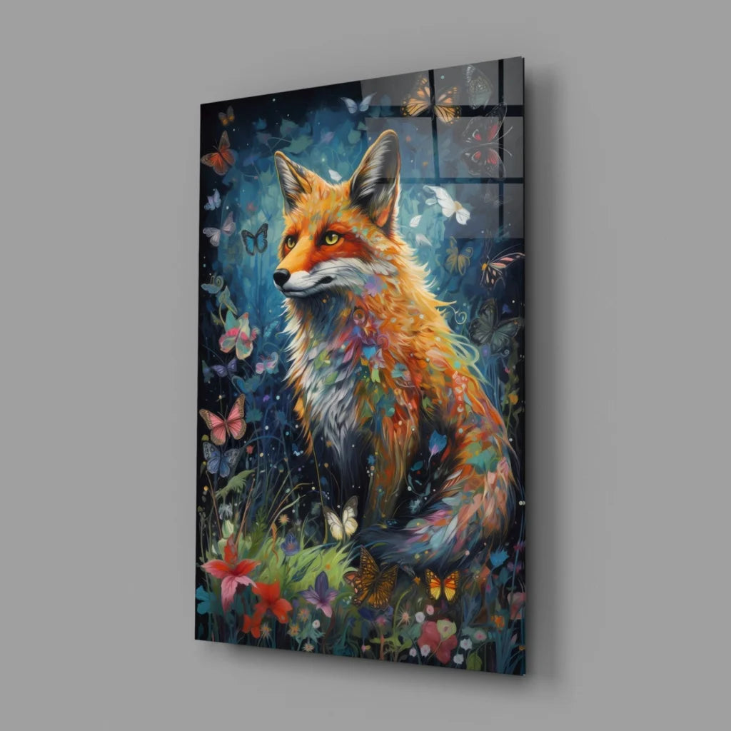Vibrant red fox glass wall art with butterflies and flowers