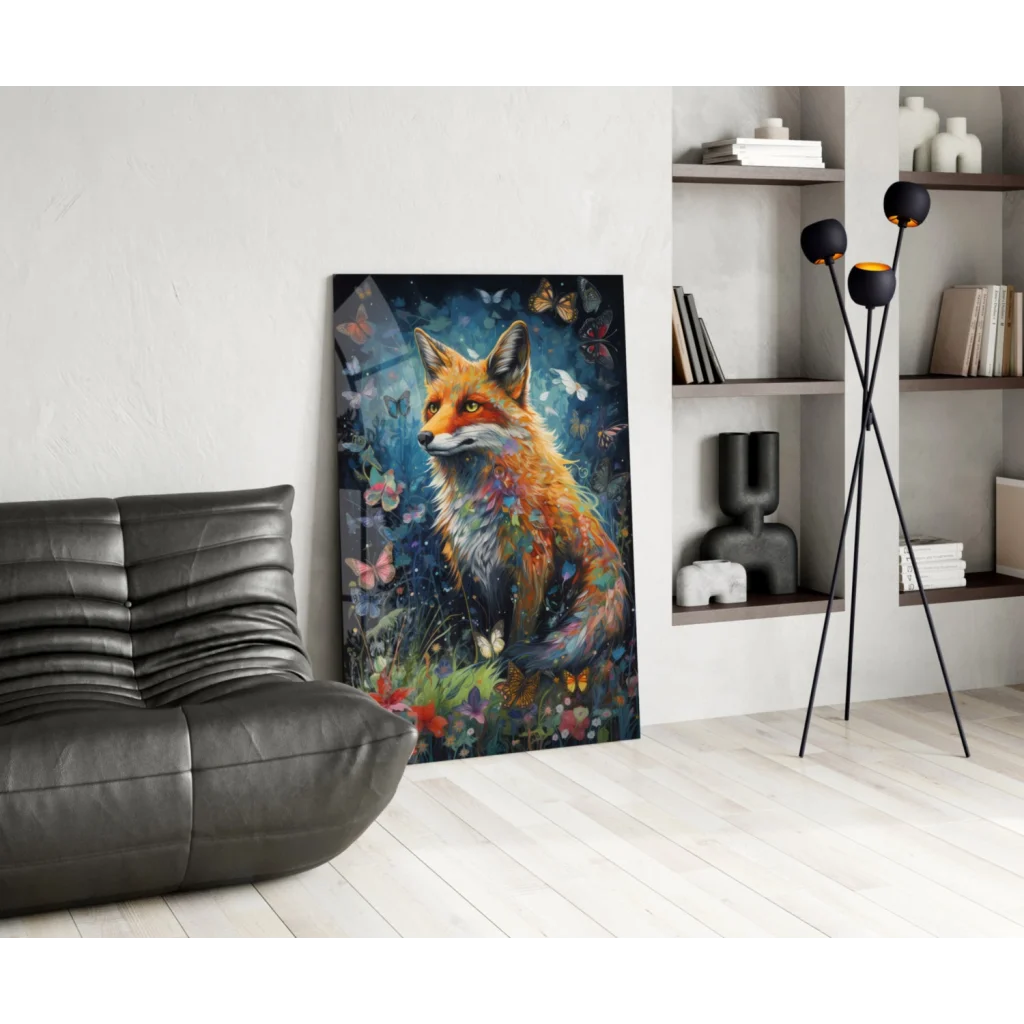 Stunning red fox glass wall art with butterflies and flowers
