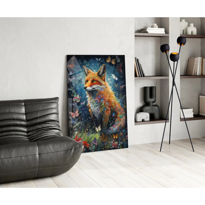 Stunning red fox glass wall art with butterflies and flowers