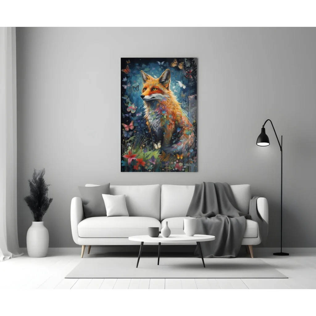 Vibrant red fox glass wall art with butterflies and flowers
