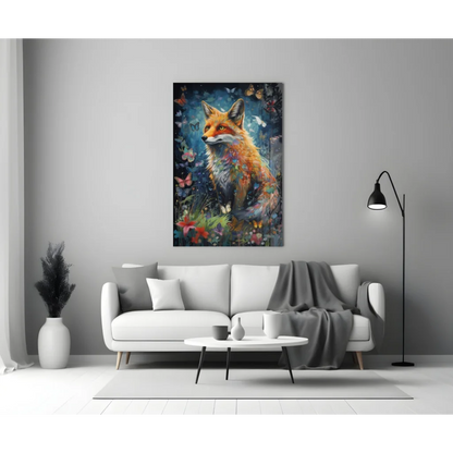 Vibrant red fox glass wall art with butterflies and flowers