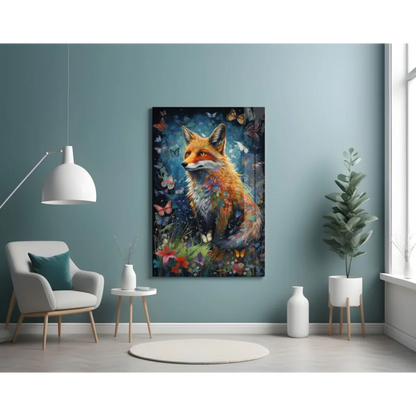 Vibrant red fox glass wall art with butterflies and flowers