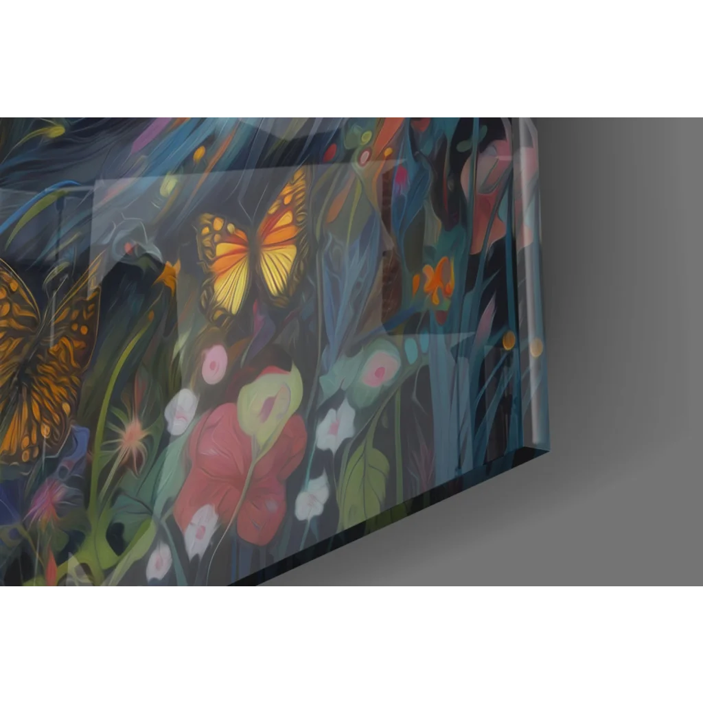 Stunning red fox glass wall art with vibrant butterflies and flowers