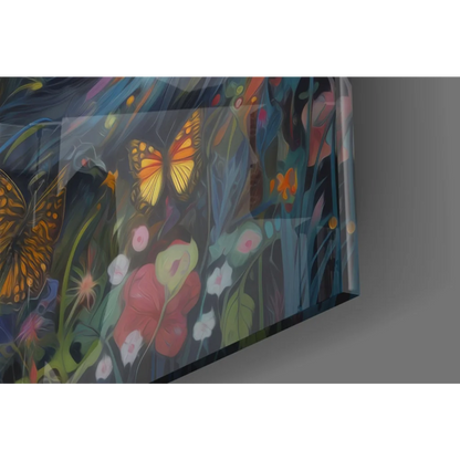 Stunning red fox glass wall art with vibrant butterflies and flowers