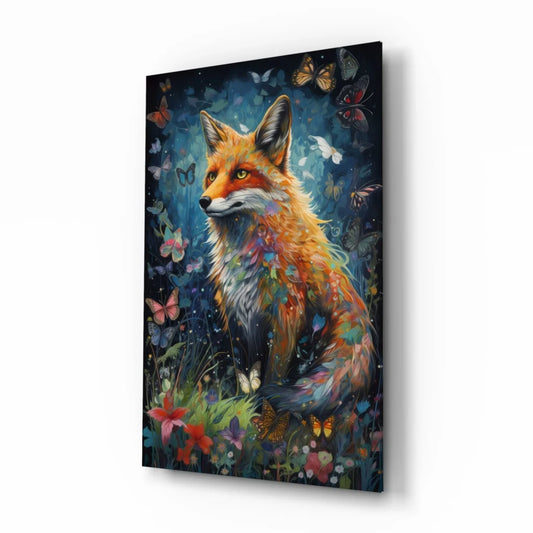 Vibrant red fox glass wall art with butterflies, flowers, starry background