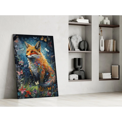 Vibrant orange fox glass wall art with butterflies and flowers