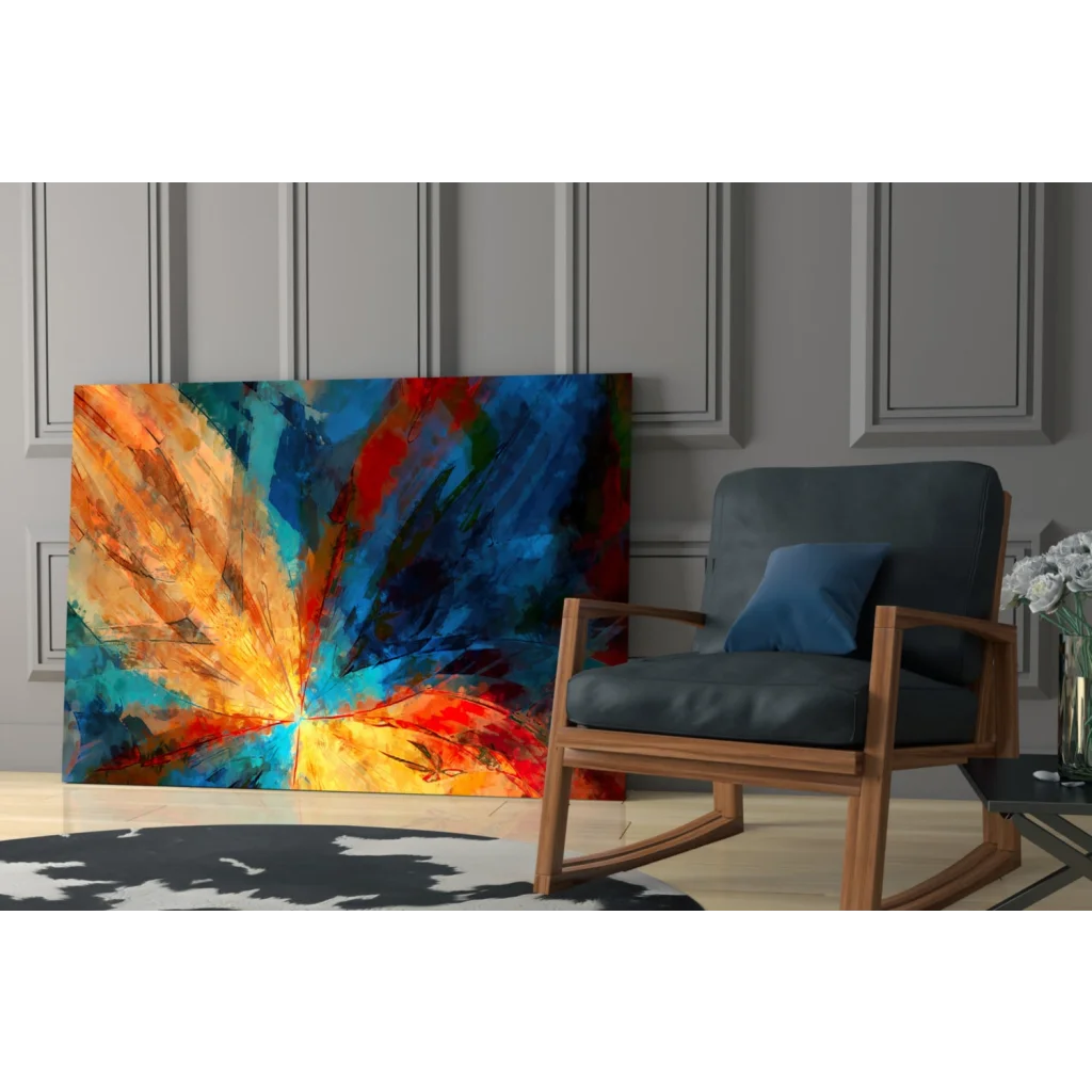 Vibrant explosive energy abstract canvas wall art in orange, blue, red, teal