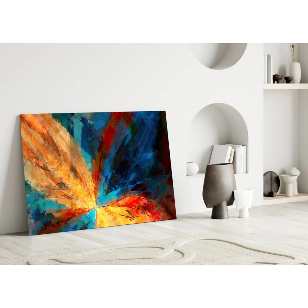 Vibrant explosive energy abstract canvas wall art in orange blue red
