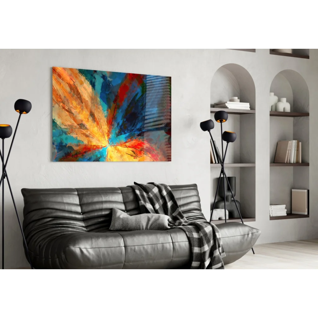 Vibrant explosive energy abstract wall art canvas with bold orange, blue, red brushstrokes