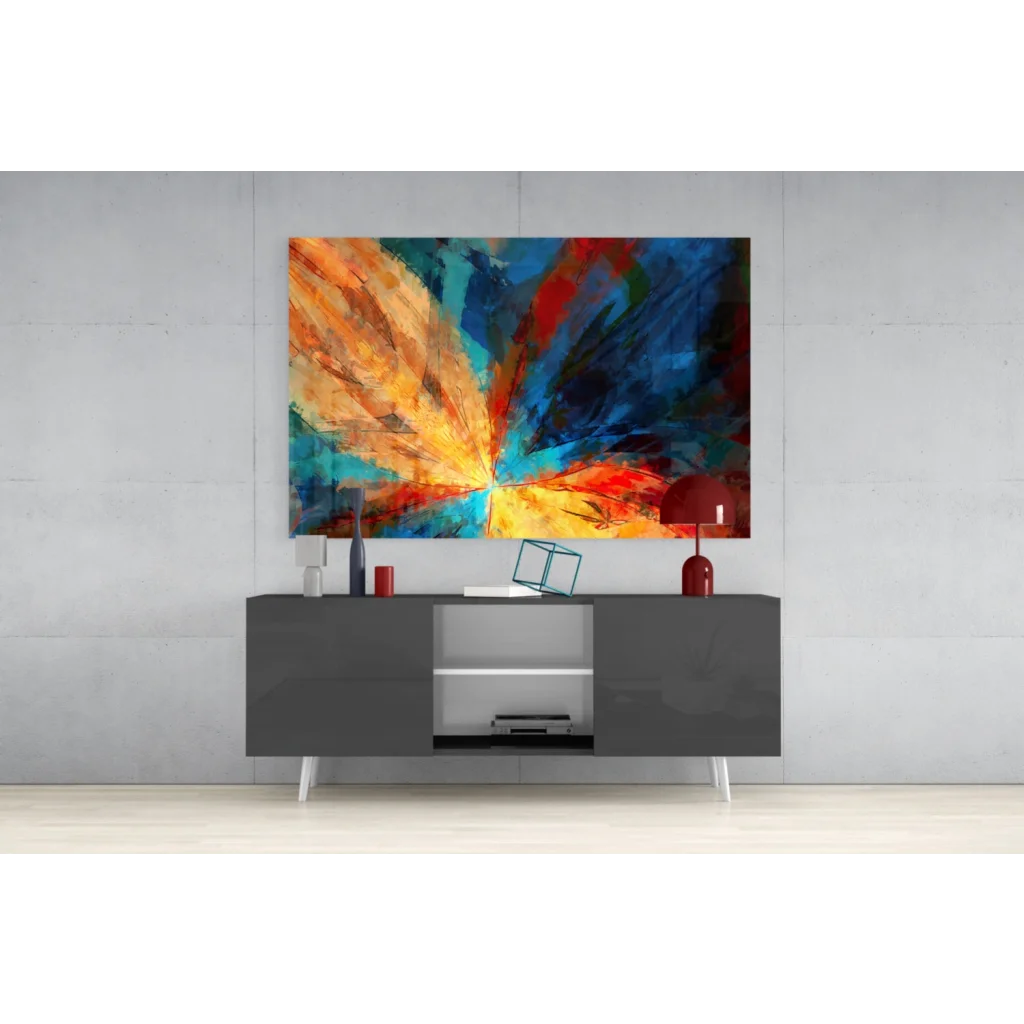 Vibrant explosive energy abstract canvas wall art with bold orange blue red yellow strokes
