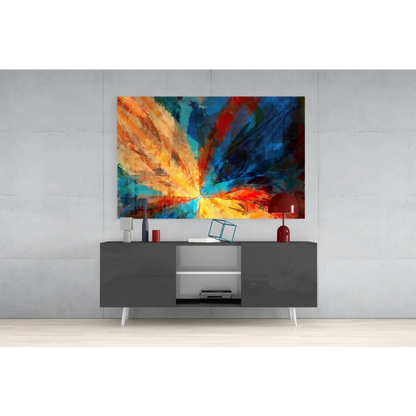 Vibrant explosive energy abstract canvas wall art with bold orange blue red yellow strokes