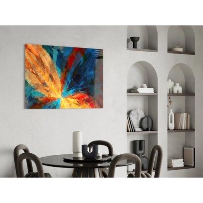 Vibrant explosive energy abstract canvas wall art with bold orange, blue, red brushstrokes