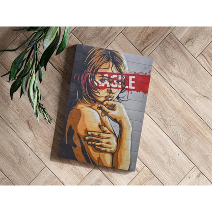 Stylized blonde woman with vulnerable in red on gray plank, insigne aluminum prints