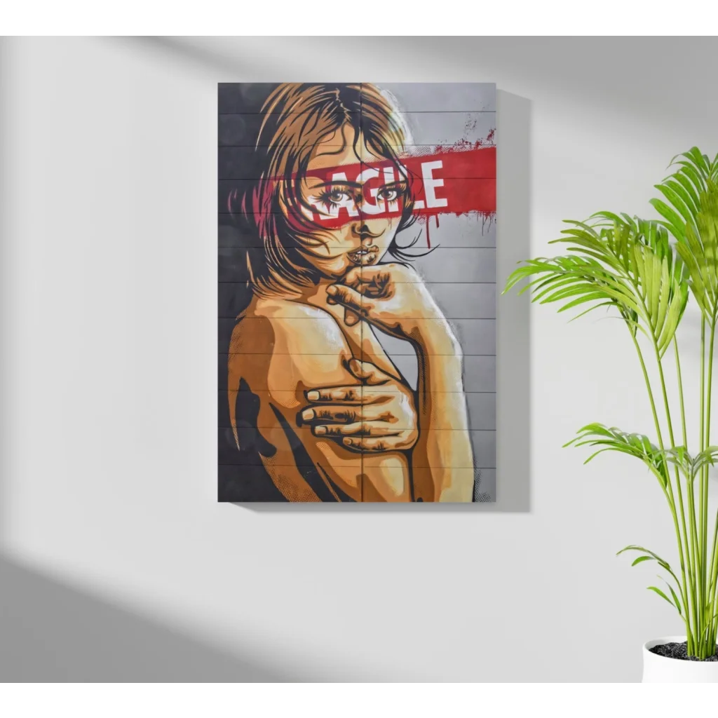 Bold graffiti woman on Insigne aluminum prints, red eagle eyes