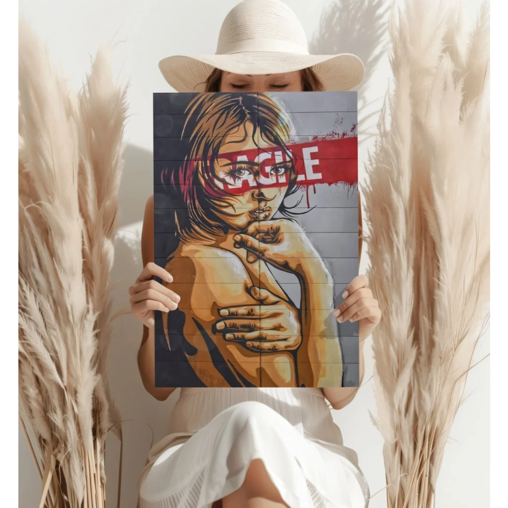 Bold graffiti art on insigne aluminum prints: stylized woman with red lettering