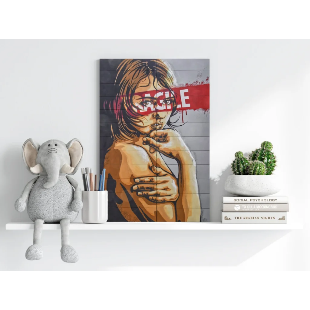 Bold graffiti portrait on Insigne aluminum prints, red lettering eyes