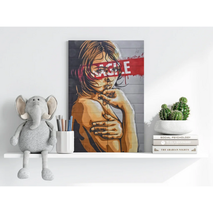 Bold graffiti portrait on Insigne aluminum prints, red lettering eyes