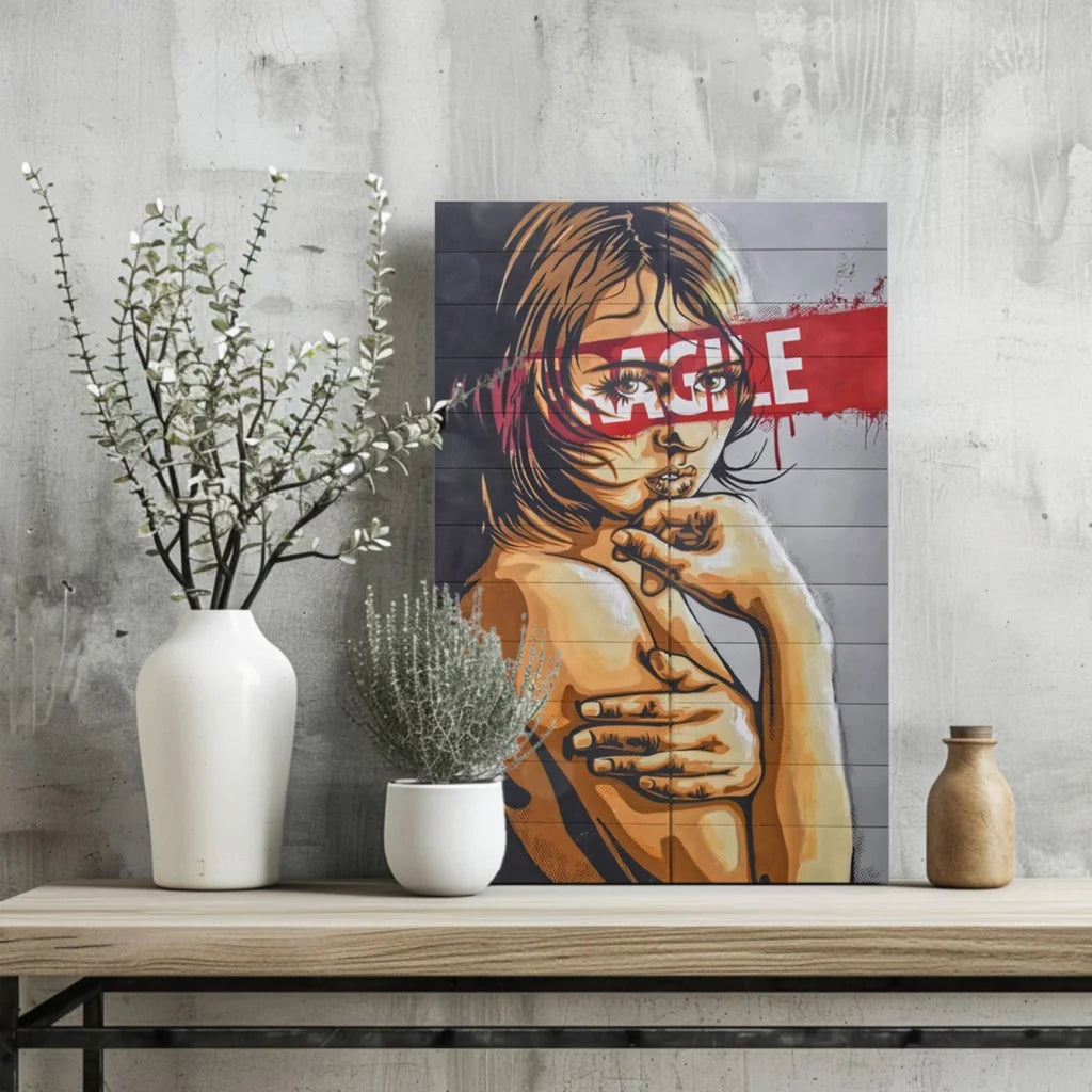 Vibrant graffiti woman on insigne aluminum prints, bold red lettering