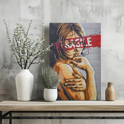 Vibrant graffiti woman on insigne aluminum prints, bold red lettering