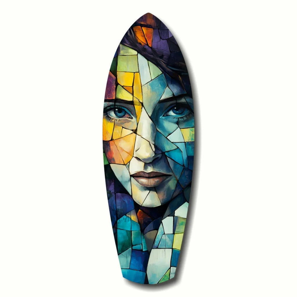Vibrant mosaic tempered glass art surfboard with geometric face and fragmented beauty