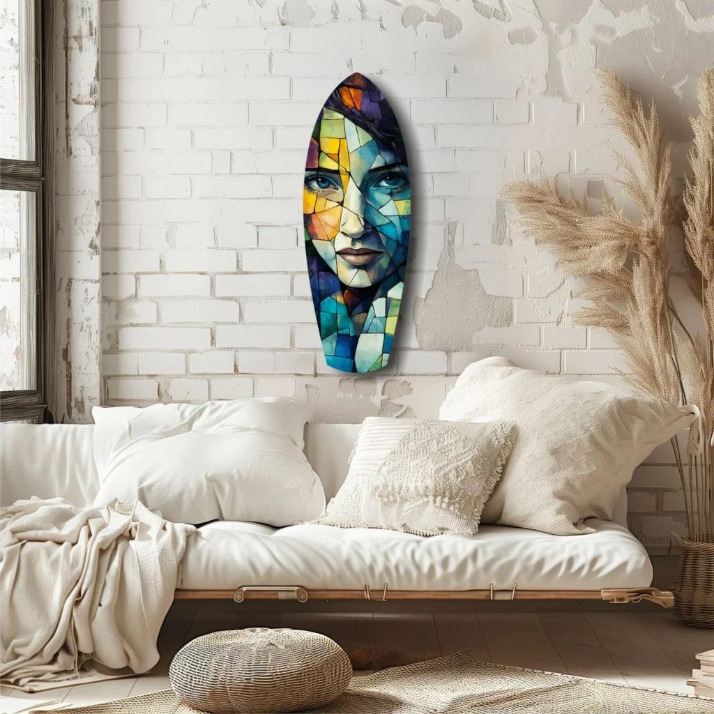 Vibrant geometric mosaic face on tempered glass surfboard art