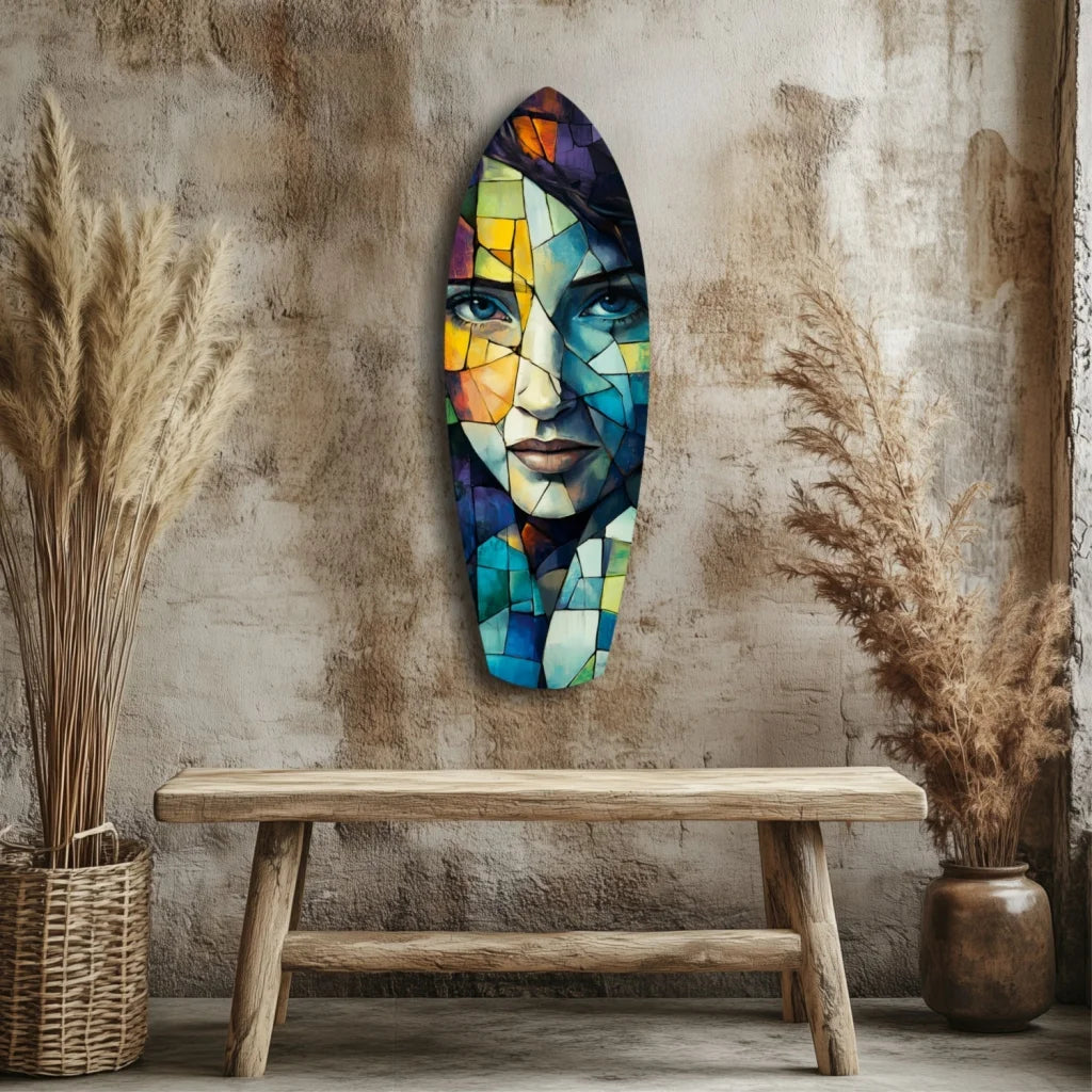 Vibrant tempered glass art of mosaic surfboard with geometric face in blue, yellow, green, purple