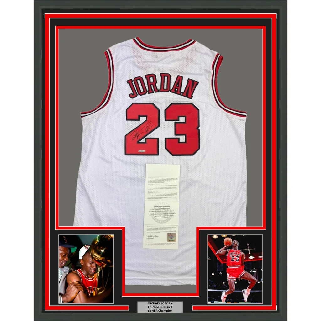 Framed 23 jersey with photos ready to hang on your wall for a cool display