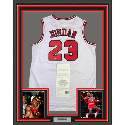 Framed 23 jersey with photos ready to hang on your wall for a cool display