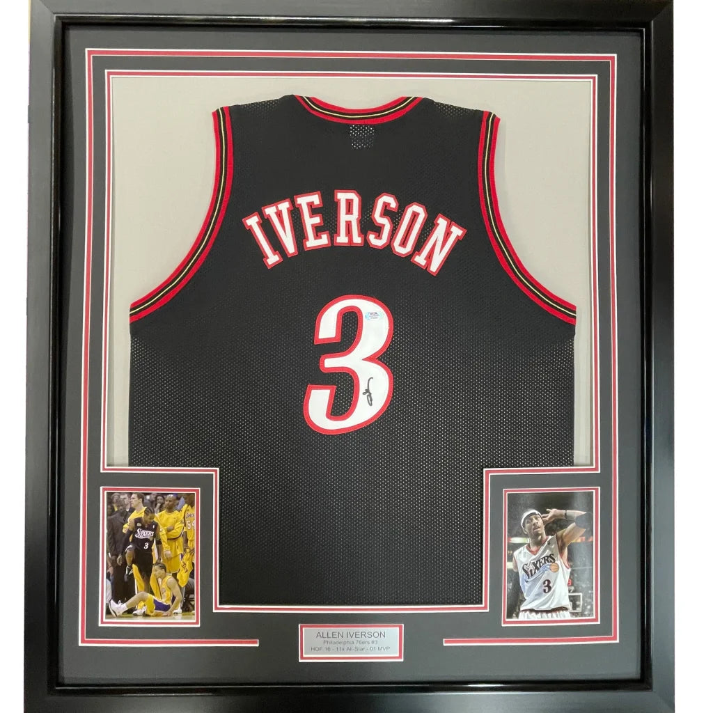 Framed Allen Iverson #3 autographed basketball jersey with two photos ready to hang