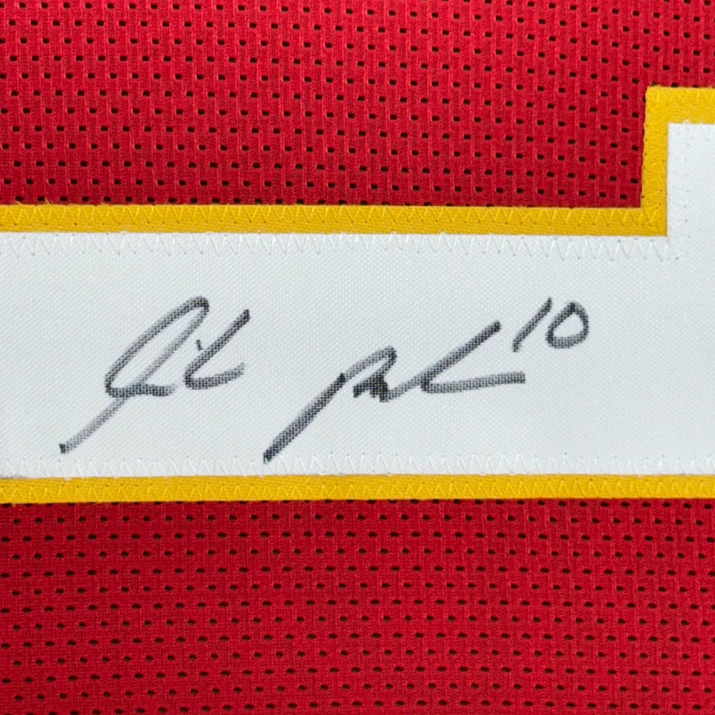 Red Kansas City Chiefs jersey with black signature and 10 on white stripe ready to hang