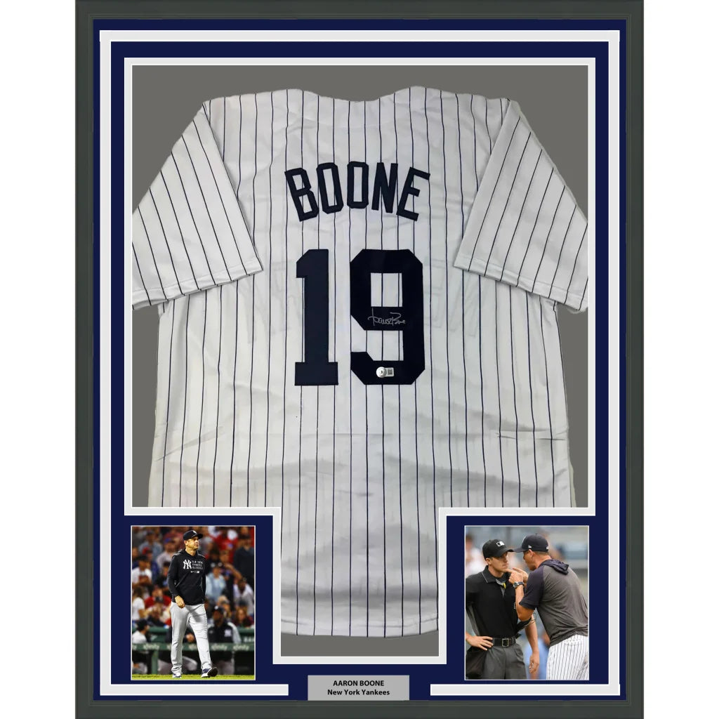 Framed Autographed Aaron Boone 35x39 New York Pinstripe Baseball Jersey Beckett BAS COA | Hall of Fame Sports Memorabilia | vintageantiquesgifts.com