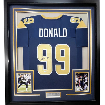 Aaron Donald autographed framed Los Angeles Rams Nautical Navy dark blue football jersey 35x39 display JSA COA