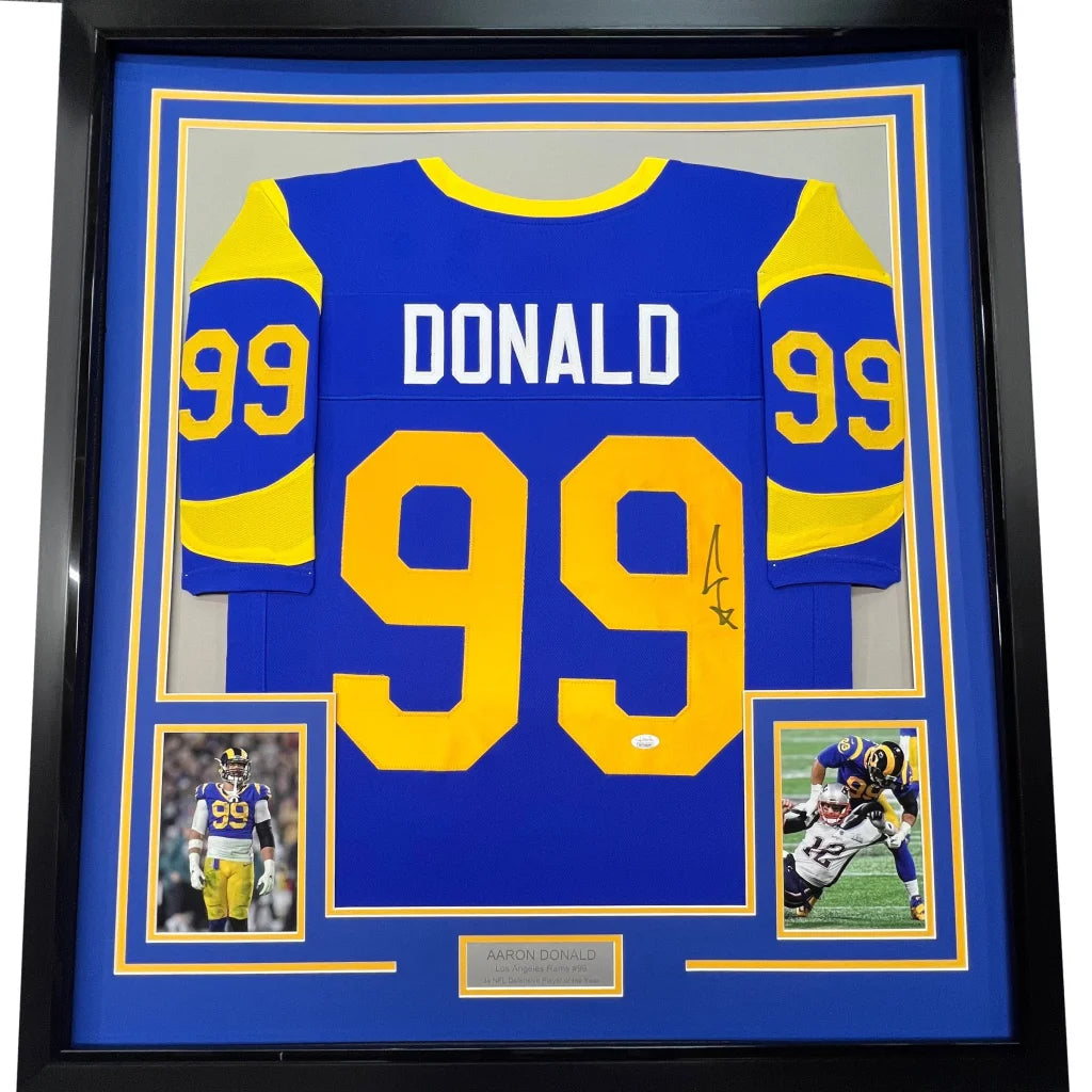 Framed Autographed Aaron Donald 35x39 Los Angeles LA Retro Football Jersey JSA COA | Hall of Fame Sports Memorabilia | vintageantiquesgifts.com
