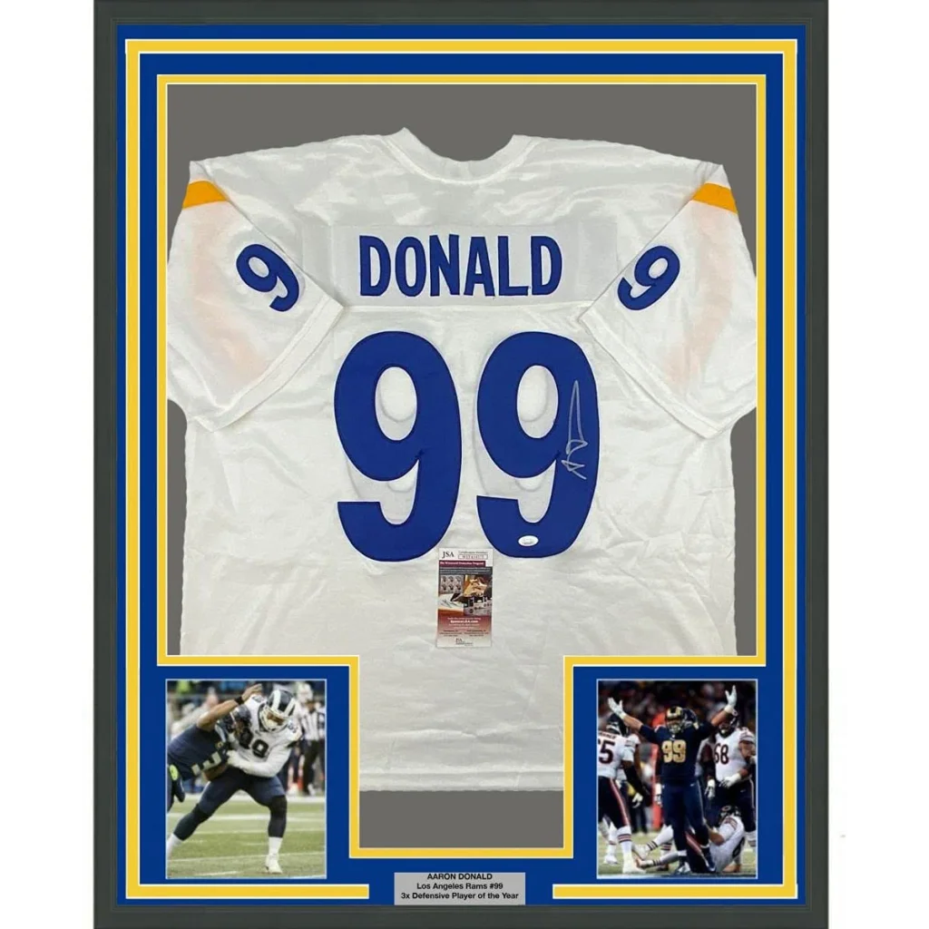 Autographed Aaron Donald Los Angeles Rams jersey with photos and plaque ready to display