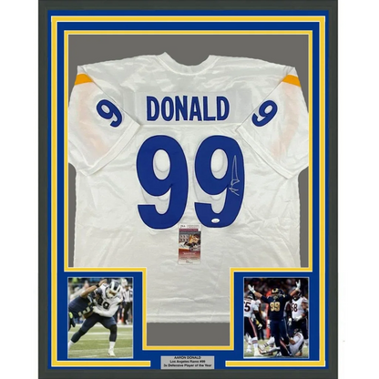 Autographed Aaron Donald Los Angeles Rams jersey with photos and plaque ready to display
