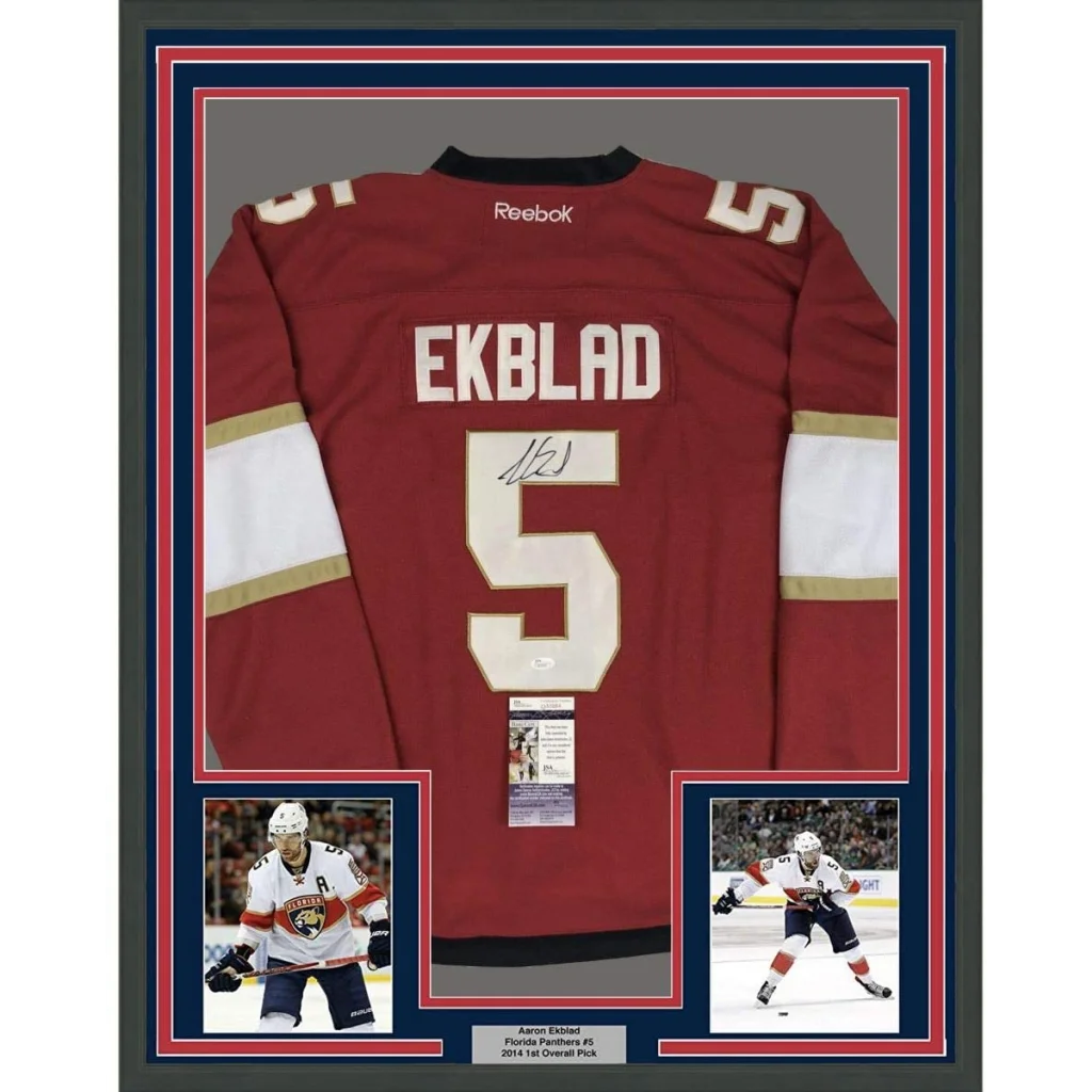 Framed Autographed Aaron Ekblad 35x39 Florida Red Hockey Jersey JSA COA | Hall of Fame Sports Memorabilia | vintageantiquesgifts.com