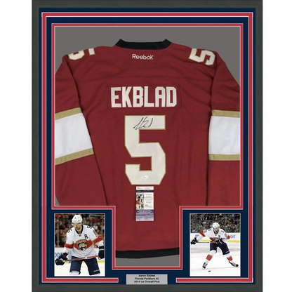 Framed Autographed Aaron Ekblad 35x39 Florida Red Hockey Jersey JSA COA | Hall of Fame Sports Memorabilia | vintageantiquesgifts.com