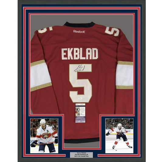 Framed Autographed Aaron Ekblad 35x39 Florida Red Hockey Jersey JSA COA | Hall of Fame Sports Memorabilia | vintageantiquesgifts.com
