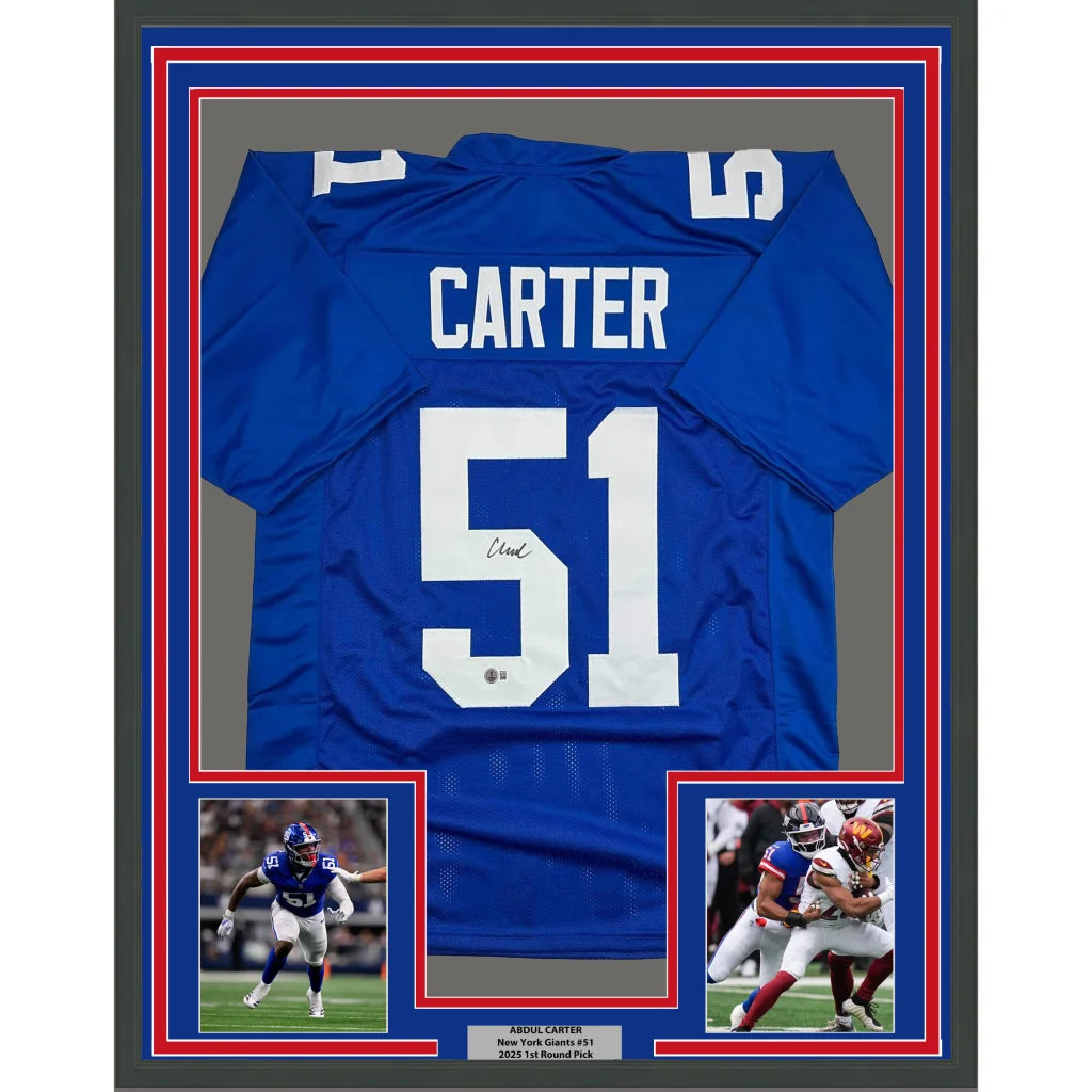 Framed Autographed Abdul Carter 35x39 New York Blue Football Jersey Beckett BAS COA | Hall of Fame Sports Memorabilia | vintageantiquesgifts.com