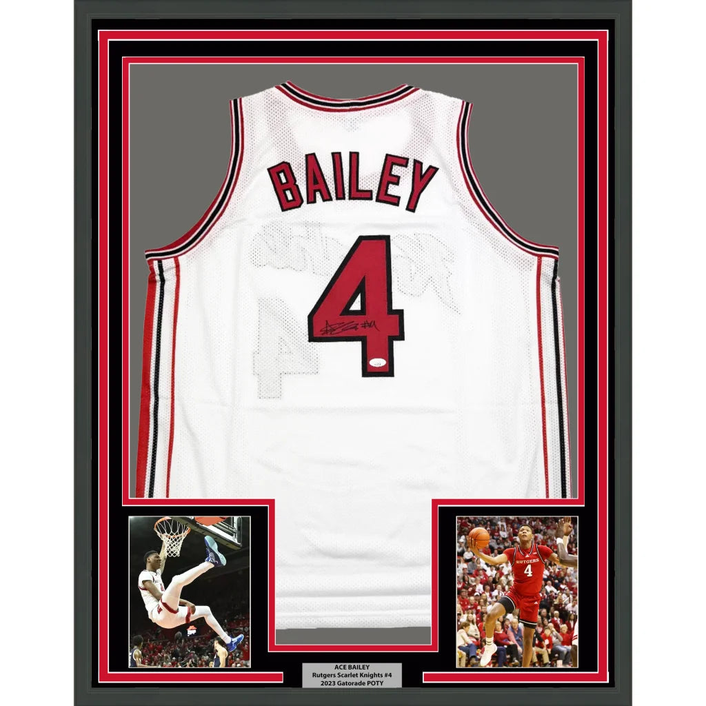 Framed white Bailey basketball jersey with red name and number plus two small player photos