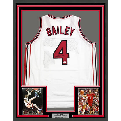 Framed autographed Ace Bailey white Rutgers basketball jersey with number 4