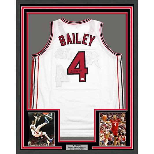 Framed autographed Ace Bailey white Rutgers basketball jersey with number 4