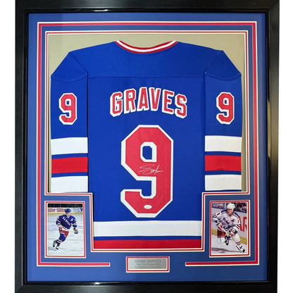 Framed autographed Adam Graves New York Rangers blue jersey with number 9