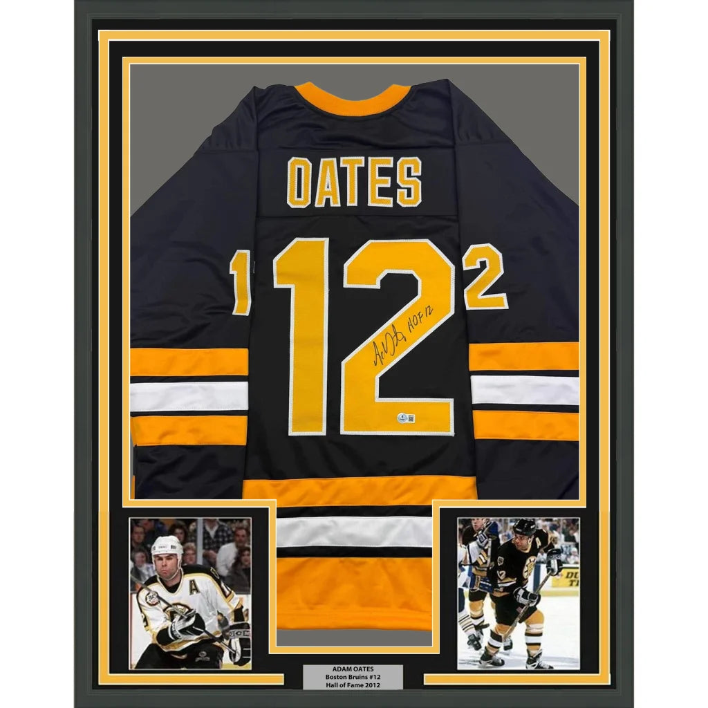 Framed Autographed Adam Oates 35x39 HOF 12 Boston Black Hockey Jersey Beckett BAS COA | Hall of Fame Sports Memorabilia | vintageantiquesgifts.com