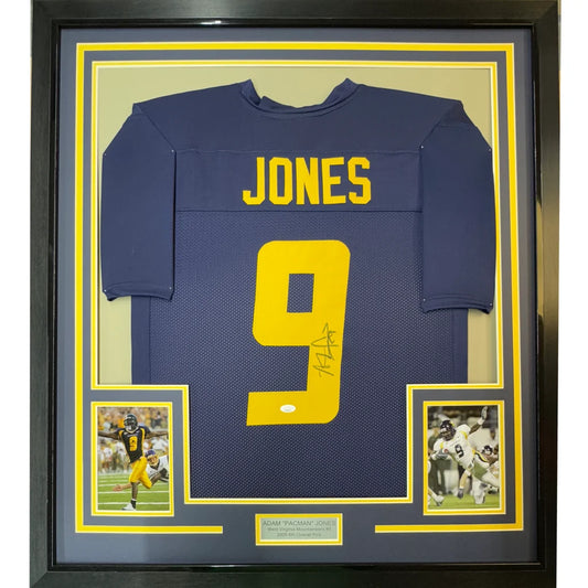 Framed Autographed Adam Pacman Jones 35x39 West Virginia Blue College Football Jersey JSA COA | Hall of Fame Sports Memorabilia | vintageantiquesgifts.com