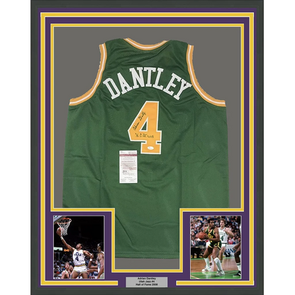Green mesh basketball jersey with white and gold trim featuring dantley above number 4 from utah signed framed