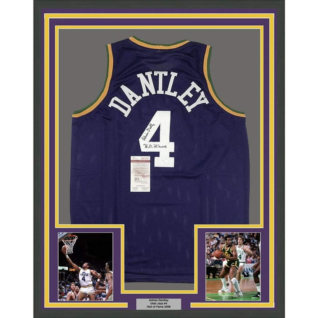 Framed signed Adrian Dantley HOF Utah Jazz purple jersey #4 JSA COA