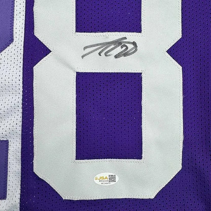 Framed Autographed Adrian Peterson 35x39 Minnesota Split Football Jersey JSA COA | Certified Authentic Signed Memorabilia | vintageantiquesgifts.com