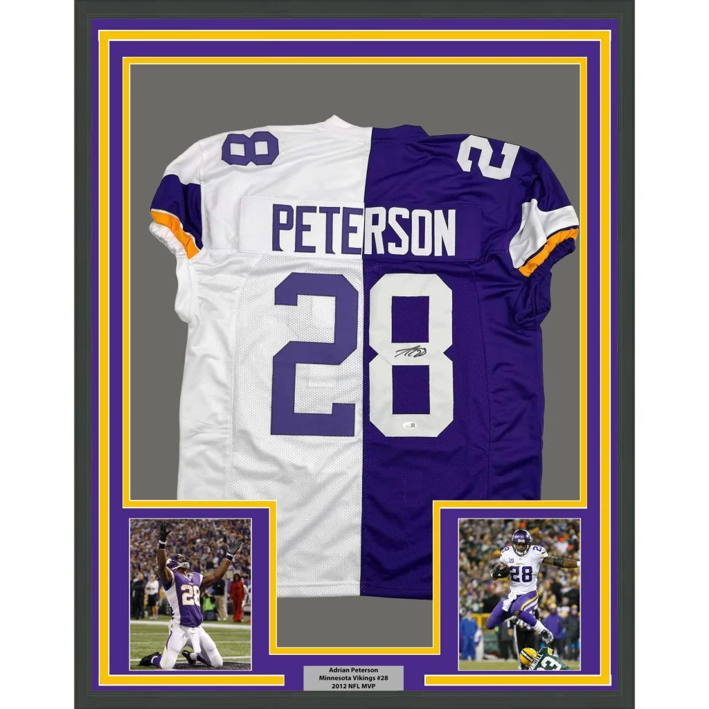 Framed Autographed Adrian Peterson 35x39 Minnesota Split Football Jersey JSA COA | Hall of Fame Sports Memorabilia | vintageantiquesgifts.com